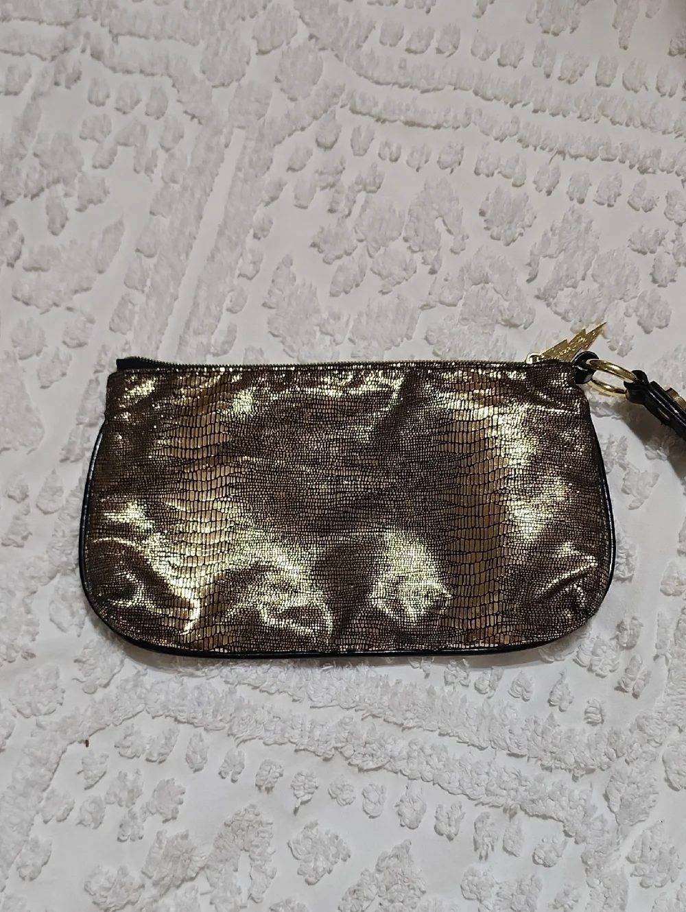 Betsy Johnson Gold Metallic Wristlet Black Trim Betsyville 10x6